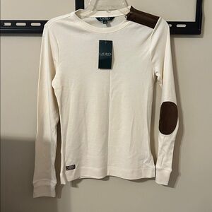 Lauren Ralph Lauren Ivory Top with Chocolate Elbow Patches